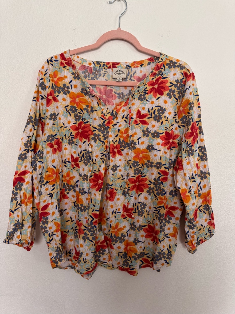 St. John's Bay Floral V-Neck Button Front Blouse - Red, Orange & Navy